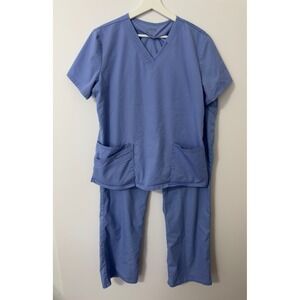 Cherokee Luxe Womens Scrubs Set Top & Pants Blue Medium V Neck Cargo Pockets
